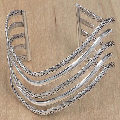 Sterling silver cuff bracelet, 'Parallel Paths' - Artisan Crafted Modern Sterling Cuff Bracelet from Bali