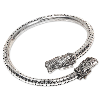 Sterling silver bangle bracelet, 'Dragon Guardians' - Handcrafted Sterling Silver Balinese Dragon Bangle Bracelet