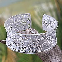 Sterling silver filigree cuff, 'Shimmering Coral' - Sterling Silver Balinese Cuff Bracelet with Filigreed Coral