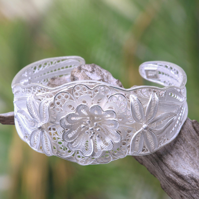 Sterling silver filigree bracelet, 'God's Garden' - Floral Filigree Handcrafted Silver Cuff Bracelet from Bali