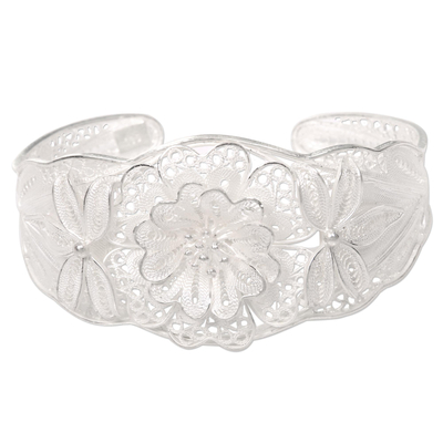 Floral Filigree Handcrafted Silver Cuff Bracelet from Bali