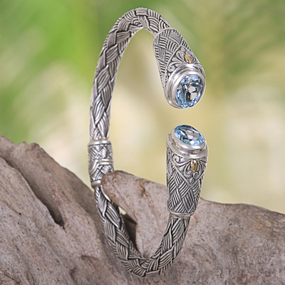 Gold accent blue topaz cuff bracelet, 'Braided Bamboo' - Balinese 18k Gold Accent Blue Topaz Silver Cuff Bracelet