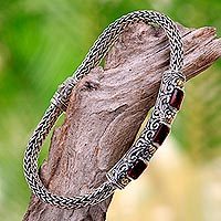 Gold accent garnet braided bracelet, 'Bedugul Temple'