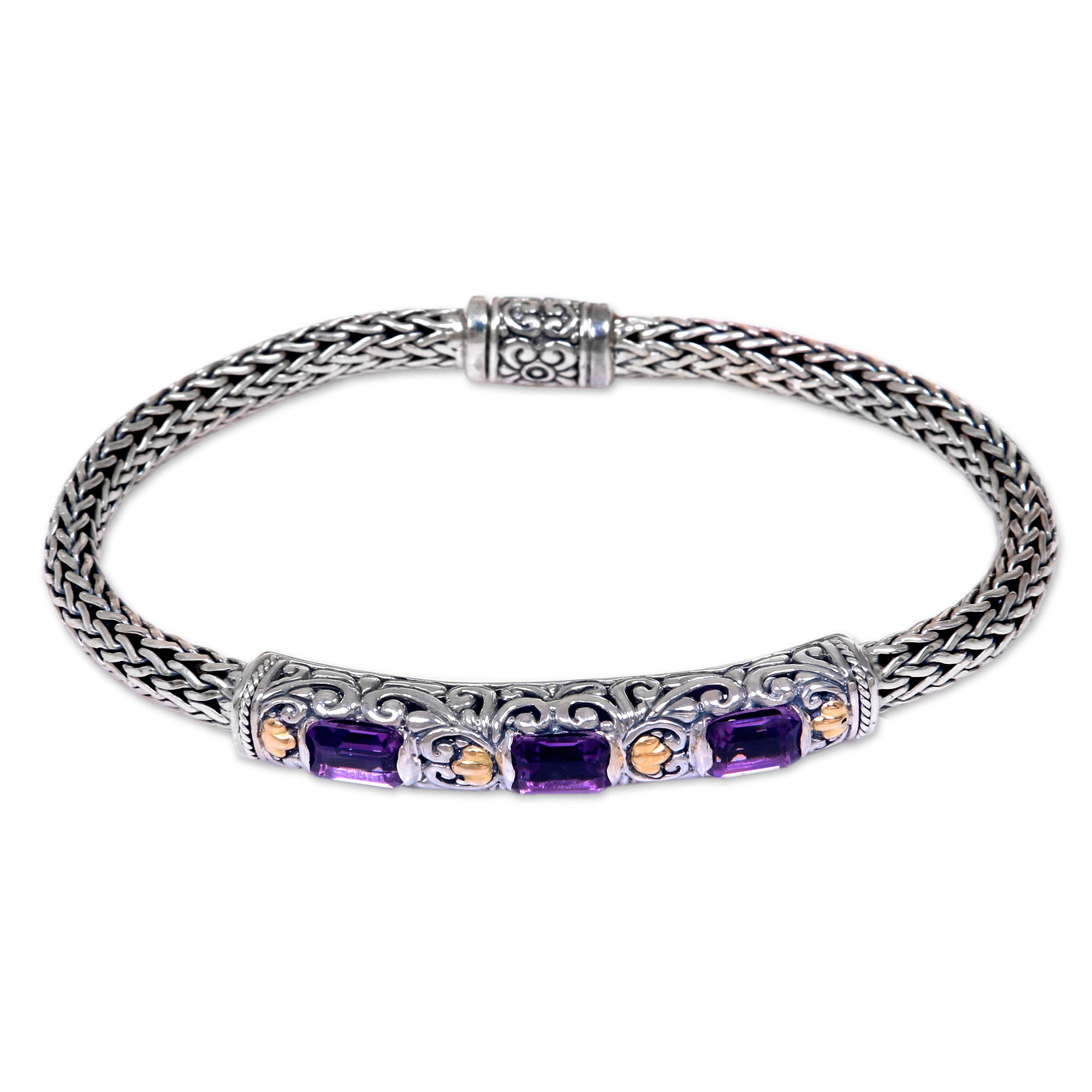 Handcrafted Bali Gold Accent Silver and Amethyst Bracelet - Bedugul ...