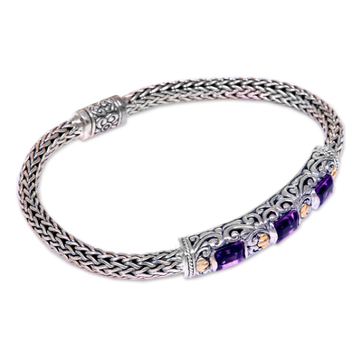 Gold accent amethyst braided bracelet, 'Bedugul Temple' - Handcrafted Bali Gold Accent Silver and Amethyst Bracelet