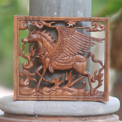 Wood wall panel, 'Pegasus' - Square Wood Wall Panel with Pegasus Design for the Home