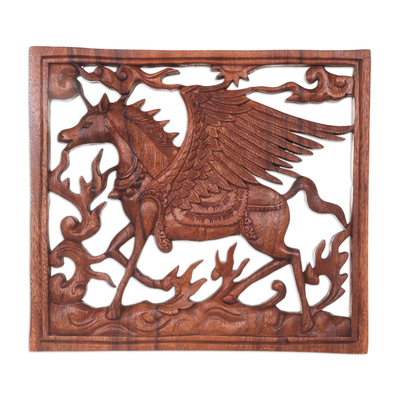 Wood wall panel, 'Pegasus' - Square Wood Wall Panel with Pegasus Design for the Home