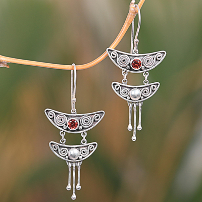 Garnet dangle earrings, 'Balinese Pagoda' - Handcrafted Sterling Silver Balinese Earrings with Garnets