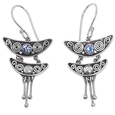Blue topaz dangle earrings, 'Balinese Pagoda' - Balinese Sterling Silver and Blue Topaz Dangle Earrings