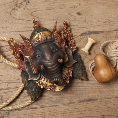 Wood mask, 'Bestower of Happiness' - Artisan Crafted Acacia Wood Mask of Ganesha from Bali
