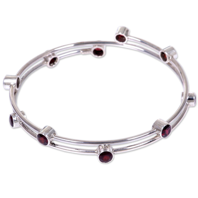 Garnet bangle bracelet, 'Orchid Twist in Red' - Hand Made Sterling Silver Garnet Bracelet Indonesia