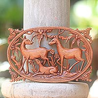 Wood wall relief panel, 'Deer Family' - Hand-Crafted Wood Wall Panel with Deer and Floral Motif