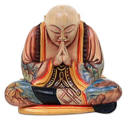 Wood sculpture, 'Deep Contemplation' - Hand Carved Wood Sculpture of Monk from Indonesia