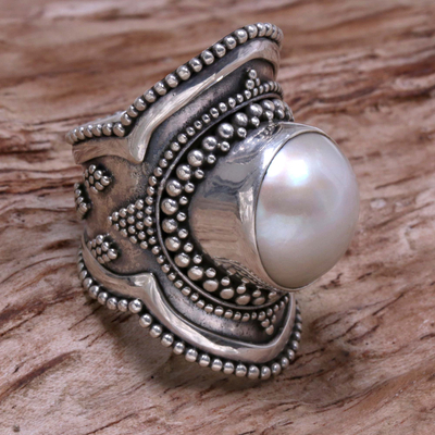 Cultured pearl cocktail ring, 'Dotted Moon' - Handcrafted Cultured Mabe Pearl Cocktail Ring from Bali