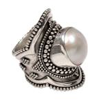 Cultured pearl cocktail ring, 'Dotted Moon' - Handcrafted Cultured Mabe Pearl Cocktail Ring from Bali