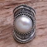 Cultured pearl cocktail ring, 'Dotted Moon' - Handcrafted Cultured Mabe Pearl Cocktail Ring from Bali