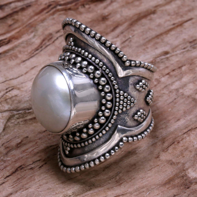 Cultured pearl cocktail ring, 'Dotted Moon' - Handcrafted Cultured Mabe Pearl Cocktail Ring from Bali