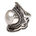 Cultured pearl cocktail ring, 'Dotted Moon' - Handcrafted Cultured Mabe Pearl Cocktail Ring from Bali