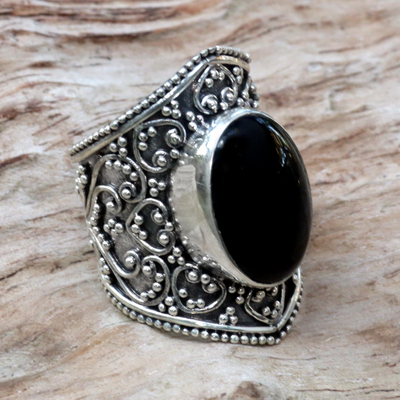 Onyx ring, 'Moonlight in Black' - Hand Made Sterling Silver and Onyx Ring from Indonesia