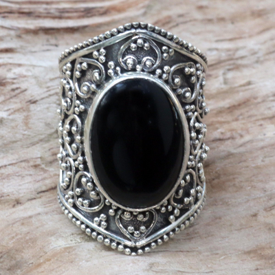 Onyx ring, 'Moonlight in Black' - Hand Made Sterling Silver and Onyx Ring from Indonesia