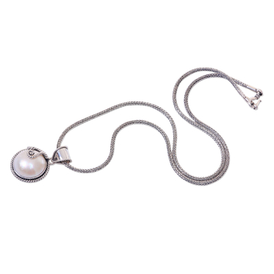 Cultured mabe pearl pendant necklace, 'Silver Full Moon' - Bali Sterling Silver Cultured Mabe Pearl Pendant Necklace