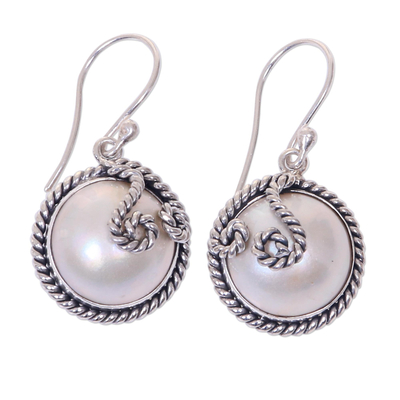 Cultured pearl dangle earrings, 'Night Moon' - Indonesian Hand-Made Cultured Pearl and Silver Earrings