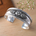 Sterling silver cuff bracelet, 'Elegant Blossom' - Sterling Silver Flower Cuff Bracelet Handmade in Indonesia