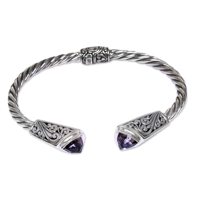 Amethyst and sterling silver cuff bracelet, 'Sukawati Triangle in Purple' - Artisan Crafted Amethyst and Sterling Silver Cuff Bracelet