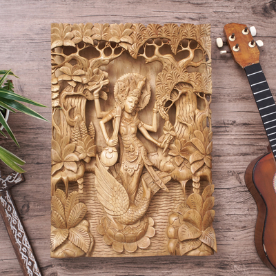 Wood relief panel, Hindu Goddess Saraswati