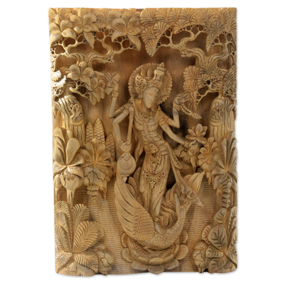 Wood relief panel, 'Hindu Goddess Saraswati' - Balinese Hand Carved Relief Panel of the Goddess Saraswati