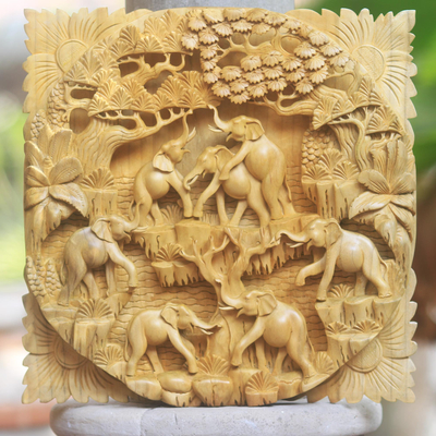 Wood relief panel, 'Elephants at Play' - Balinese Signed and Hand Carved Elephant Relief Panel