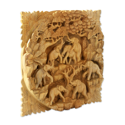 Wood relief panel, 'Elephants at Play' - Balinese Signed and Hand Carved Elephant Relief Panel