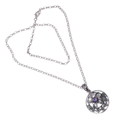 Amethyst pendant necklace, 'Moonlight Plumeria' - Amethyst Flower Necklace Handcrafted of Sterling Silver