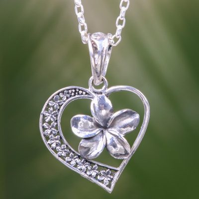 Sterling silver pendant necklace, 'Plumeria Heart' - Hearts and Flowers Theme Balinese Sterling Silver Necklace