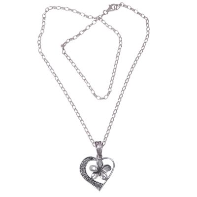 Sterling silver pendant necklace, 'Plumeria Heart' - Hearts and Flowers Theme Balinese Sterling Silver Necklace