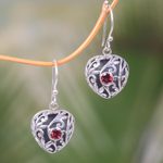 Garnet dangle earrings, 'Heart in the Forest' - Sterling Silver Heart Earrings with Passionate Red Garnets