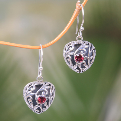 Garnet dangle earrings, 'Heart in the Forest' - Sterling Silver Heart Earrings with Passionate Red Garnets