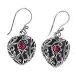 Garnet dangle earrings, 'Heart in the Forest' - Sterling Silver Heart Earrings with Passionate Red Garnets