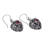 Garnet dangle earrings, 'Heart in the Forest' - Sterling Silver Heart Earrings with Passionate Red Garnets