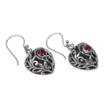 Garnet dangle earrings, 'Heart in the Forest' - Sterling Silver Heart Earrings with Passionate Red Garnets
