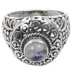 Rainbow moonstone cocktail ring, 'Ocean Moon' - Handcrafted Rainbow Moonstone Gem Sterling Silver Ring