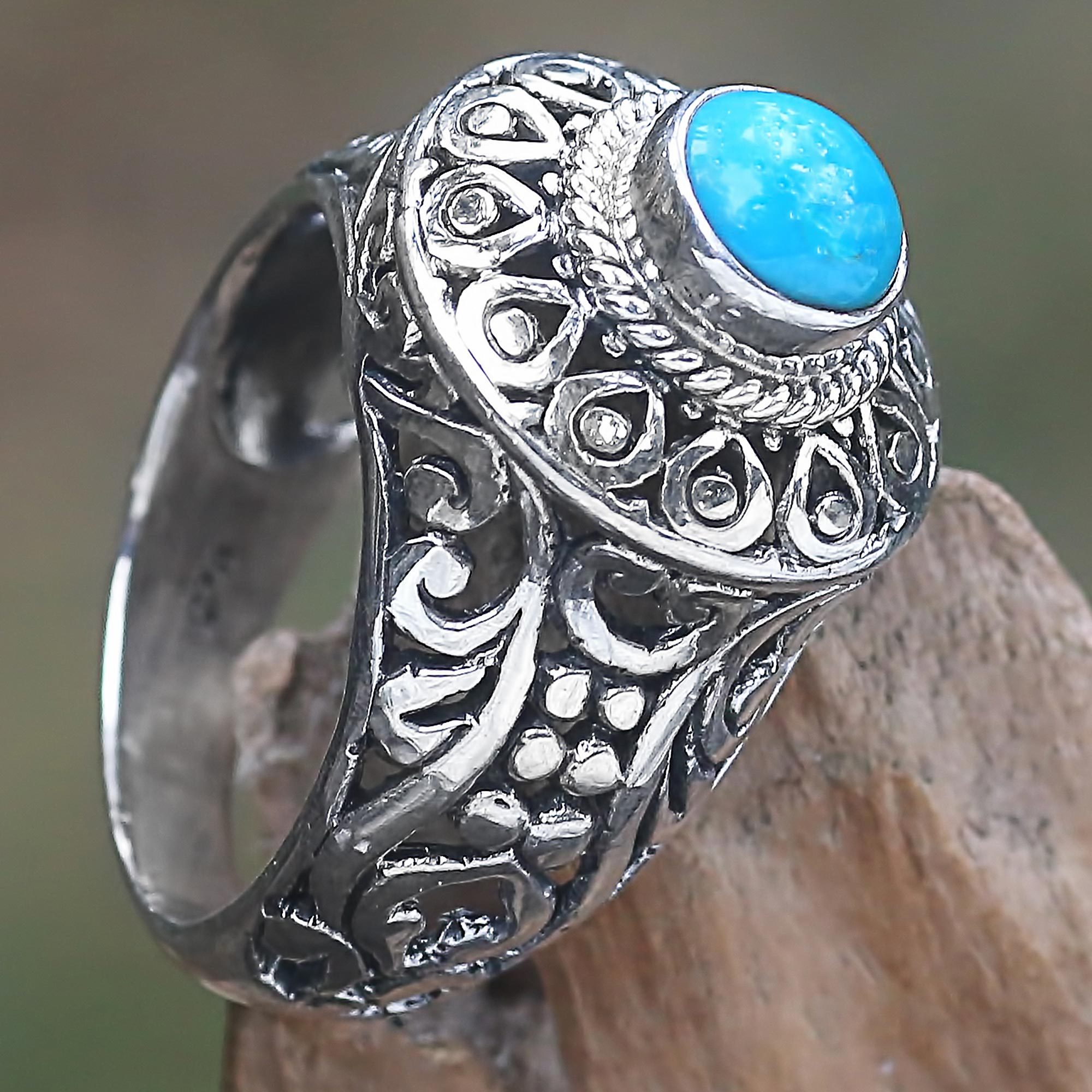 Sterling Silver and Blue Stone Cocktail Ring from Indonesia Bali