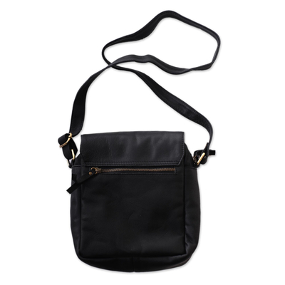 Leather shoulder bag, 'Kingdom Traveler' - Handcrafted Leather Shoulder Bag Black Front Flap 6 Pockets