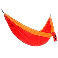 Hang Ten Nylon parachute hammock, 'Blazing Sun for HANG TEN' (double) - Red and Orange Double Wide Nylon Parachute Silk Hammock