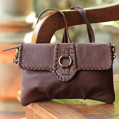 Leather shoulder bag, 'Coffee Brown Boho' - Soft Leather Brown Shoulder Bag with Bronze Fixtures