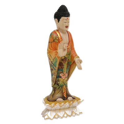 Wood statuette, 'Buddha Bless You' - Balinese Hand Painted and Hand Carved Wood Buddha Statuette
