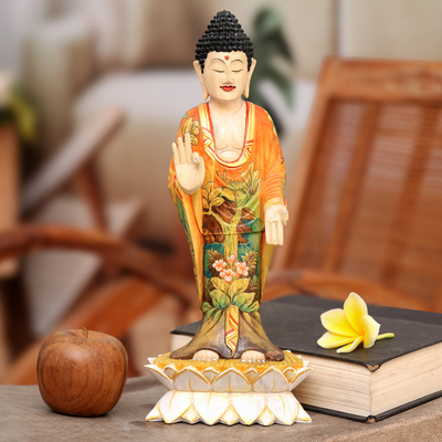 Holzstatuette - Balinesische handbemalte und handgeschnitzte Buddha-Statuette aus Holz