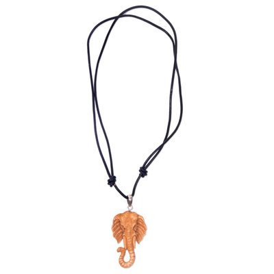 Bone and leather pendant necklace, 'Spirit of the Elephant' - Artisan Crafted Brown Elephant Necklace in Leather and Bone