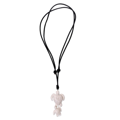 Bone and leather pendant necklace, 'Swimming with Mother' - Handcrafted White Turtle Pendant and Leather Cord Necklace