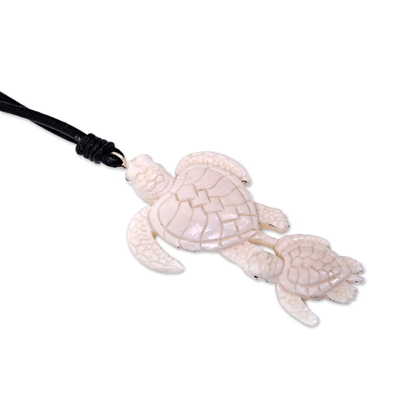 Bone and leather pendant necklace, 'Swimming with Mother' - Handcrafted White Turtle Pendant and Leather Cord Necklace